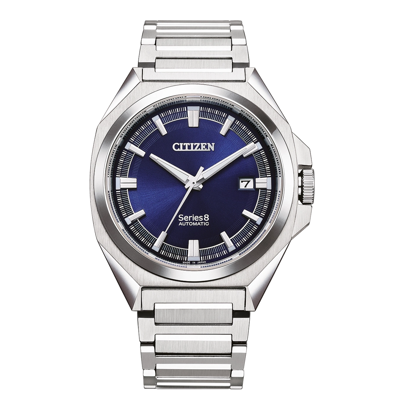 Citizen Series 8 automaattikello sinisellä kellotaululla ja hopeisella rannekkeella
