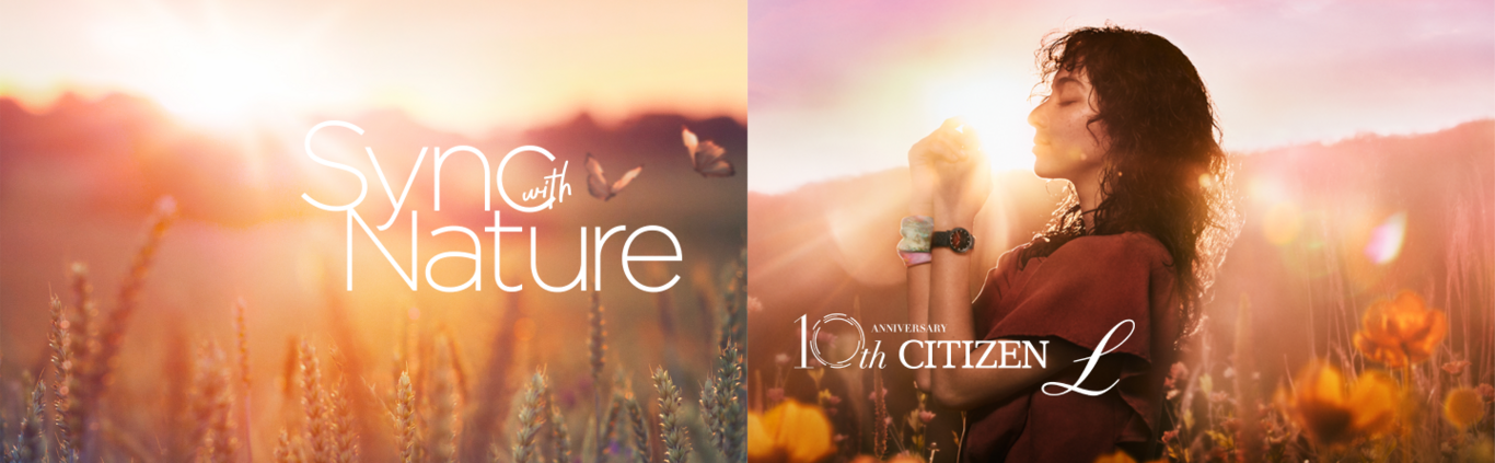 Nainen pellolla kellon kanssa, 'Sync with Nature' ja '10th Anniversary Citizen L'