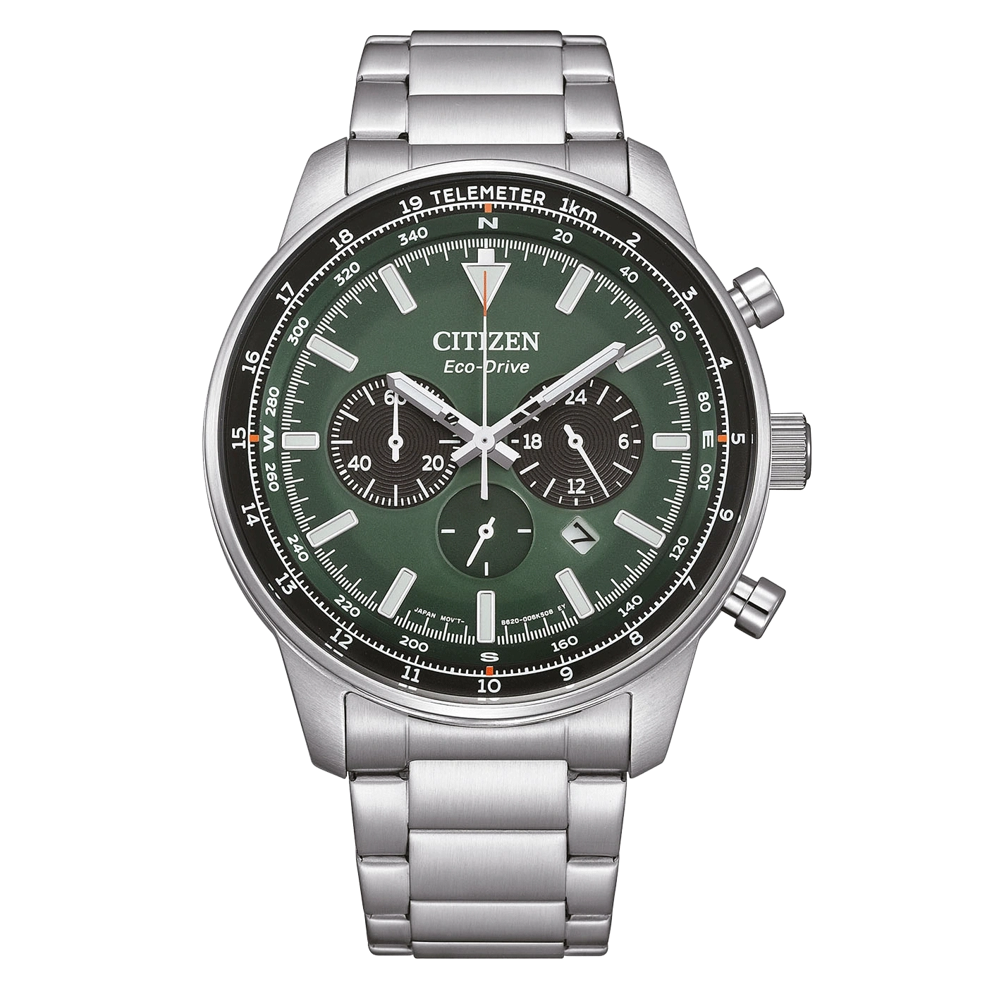 Citizen Eco-Drive -kello vihreällä kellotaululla ja kronografitoiminnoilla, ruostumattomasta teräksestä valmistettu ranneke.