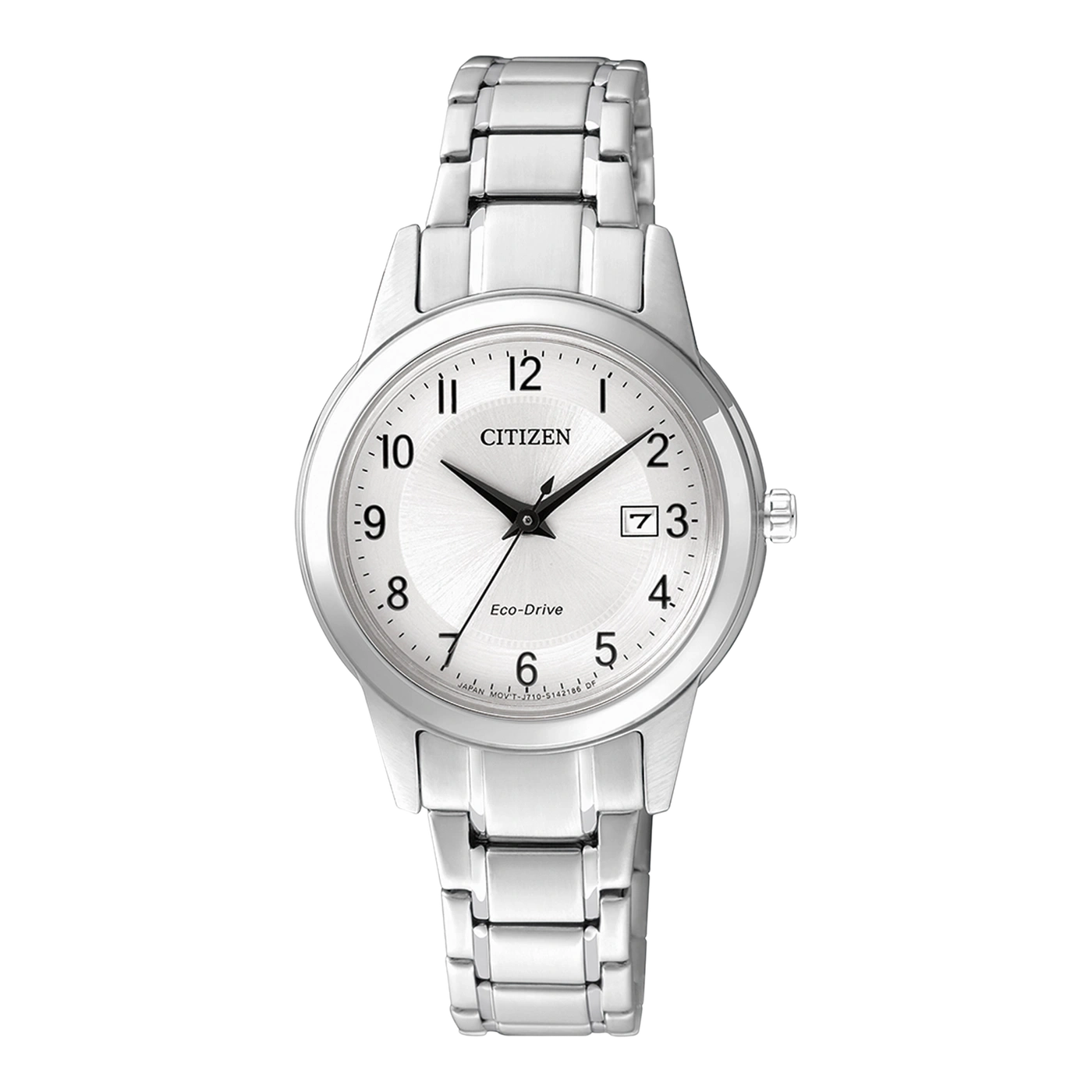 Hopeinen Citizen Eco-Drive -kello, jossa valkoinen kellotaulu ja päivämääränäyttö.