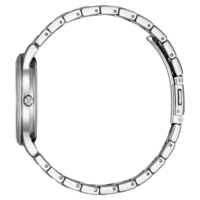 Hopeinen rannekello, jossa metalliranneke ja pyöreä kellotaulu sivusta katsottuna.