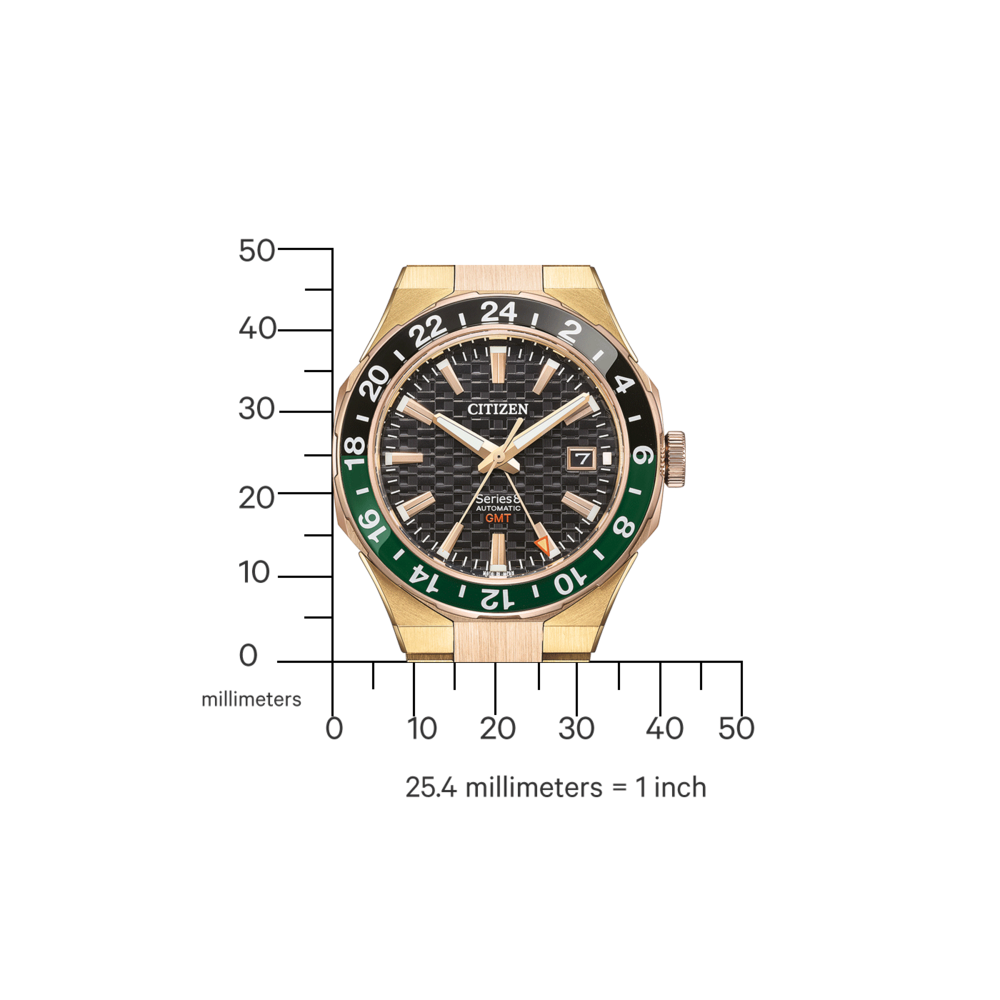 Citizen-kello, jossa on kultainen kotelo, musta ja vihreä kehys ja musta kellotaulu.