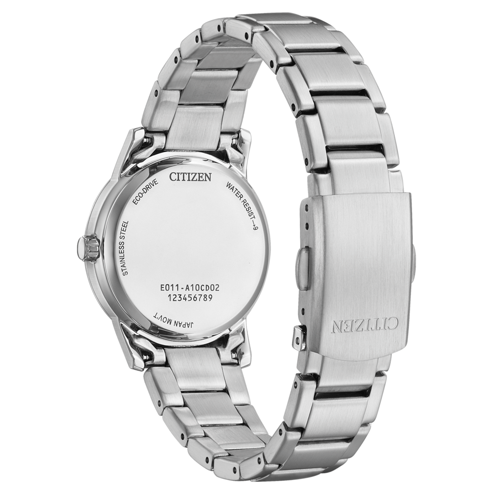 Citizen-kellon takaosa, ruostumatonta terästä, Eco-Drive, vesitiivis, Japanin koneisto, mallinumero.