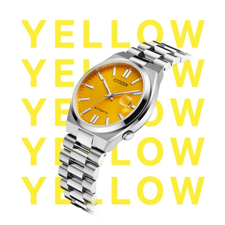 Citizen-kello, jossa on keltainen kellotaulu ja hopeinen ranneke, keltaisella 'YELLOW'-tekstillä.