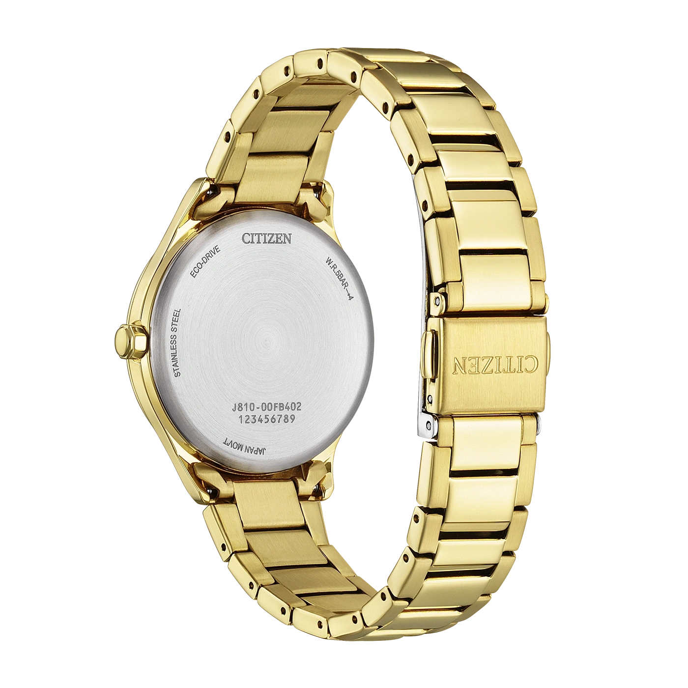 Kultainen Citizen Eco-Drive-kello ruostumattomasta teräksestä valmistetulla rannekkeella.