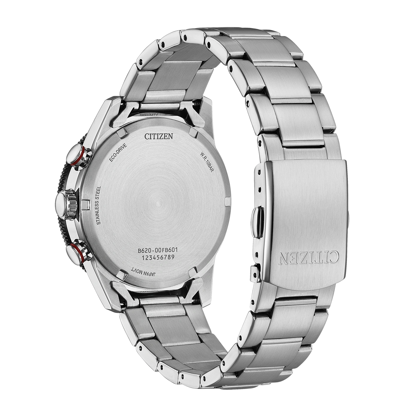 Hopeisen Citizen Eco-Drive -rannekellon takaosa metallirannekkeella