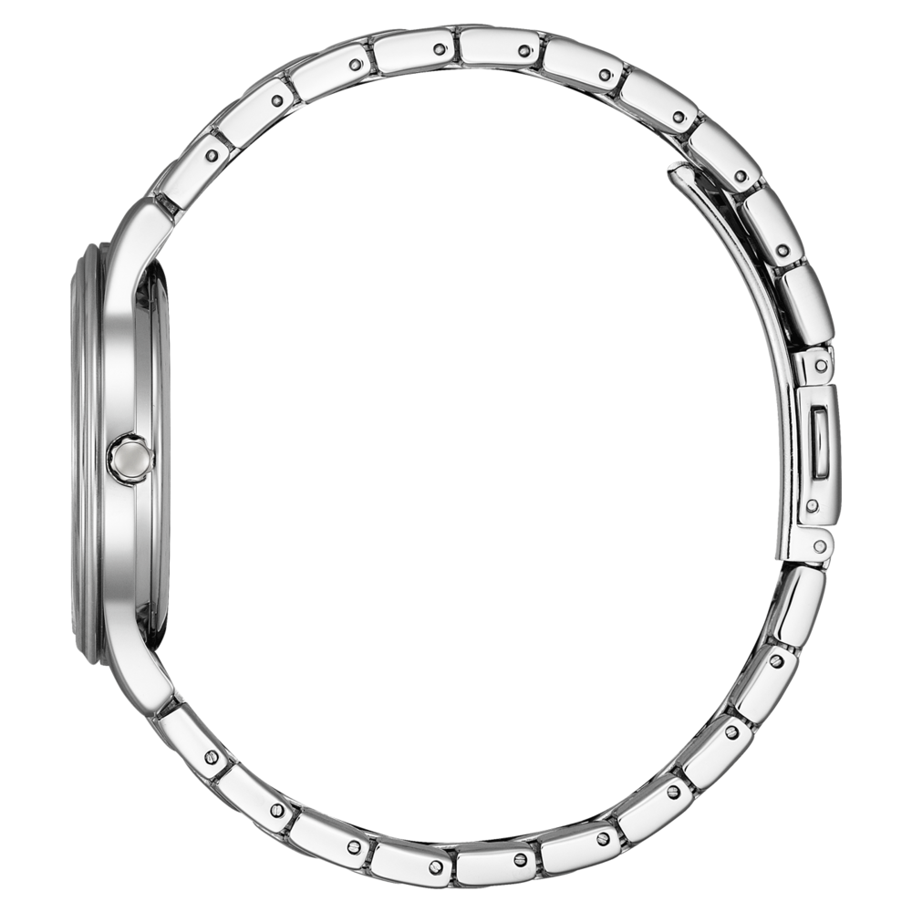 Hopeinen rannekello, jossa metalliranneke ja pyöreä kellotaulu sivusta katsottuna.