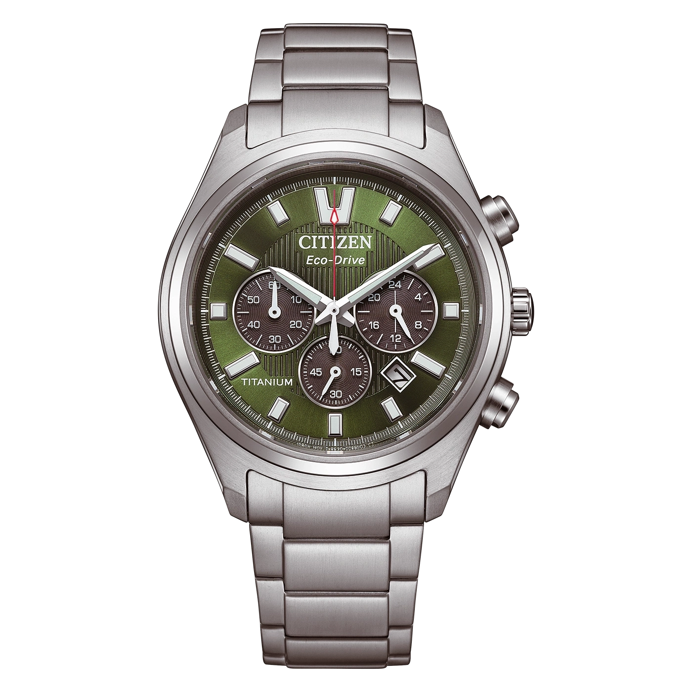 Lähikuva hopeisesta Citizen Eco-Drive -kellosta, jossa on vihreä kellotaulu ja titaaniranneke.