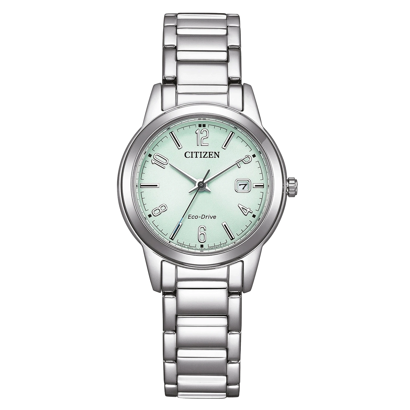 Citizen-kello, jossa vaaleanvihreä kellotaulu ja hopeinen ranneke, Eco-Drive.