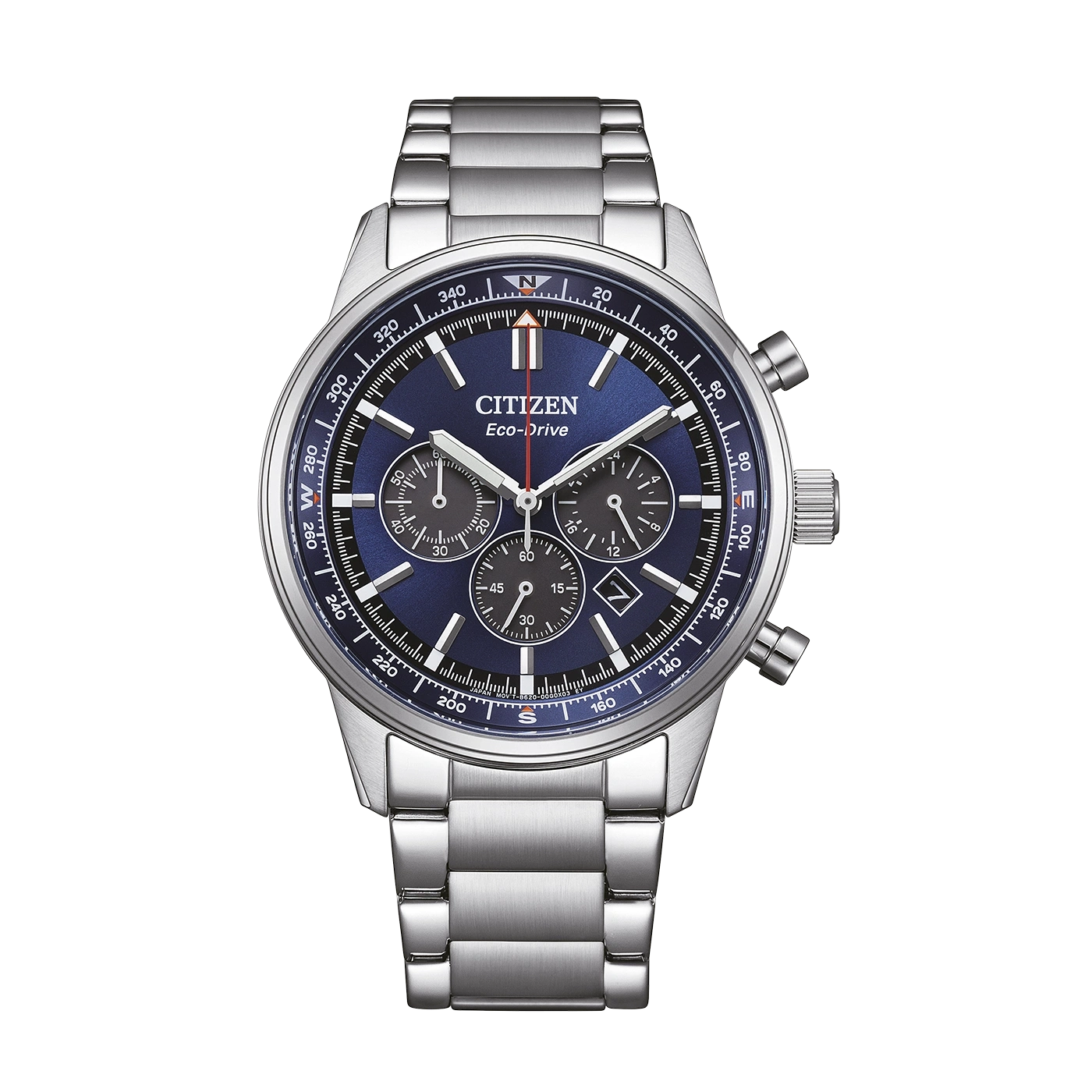 Citizen Eco-Drive kronografikello sinisellä kellotaululla ja teräksisellä rannekkeella.