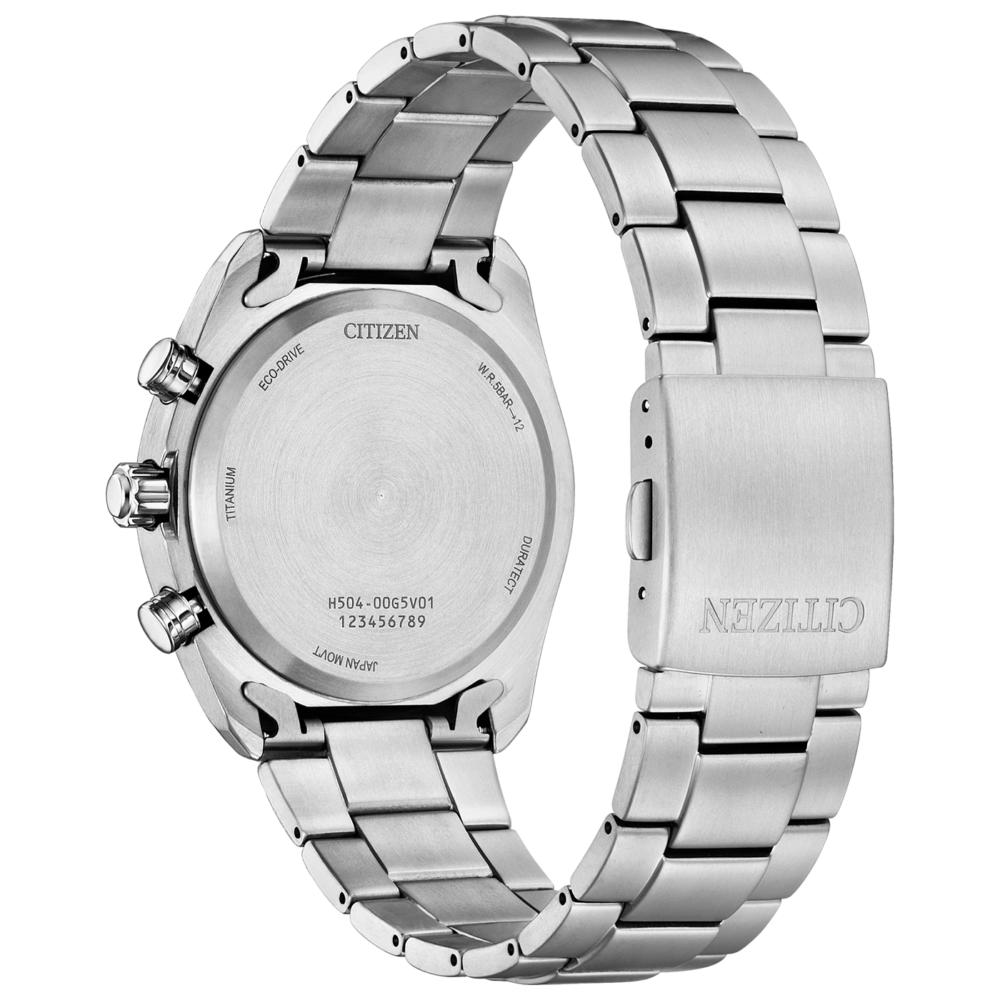 Harjatun hopeanvärisen Citizen Eco-Drive-kellon takaosa tekstillä.