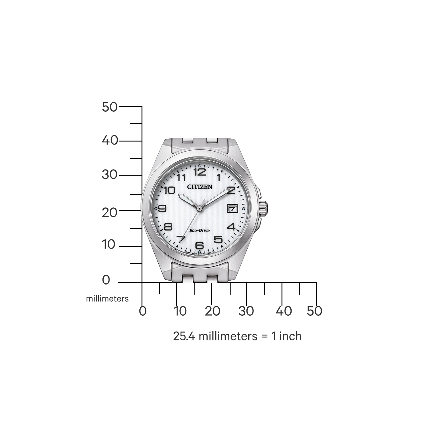Hopeinen Citizen-kello, jossa valkoinen kellotaulu, numerot ja Eco-Drive-teksti.