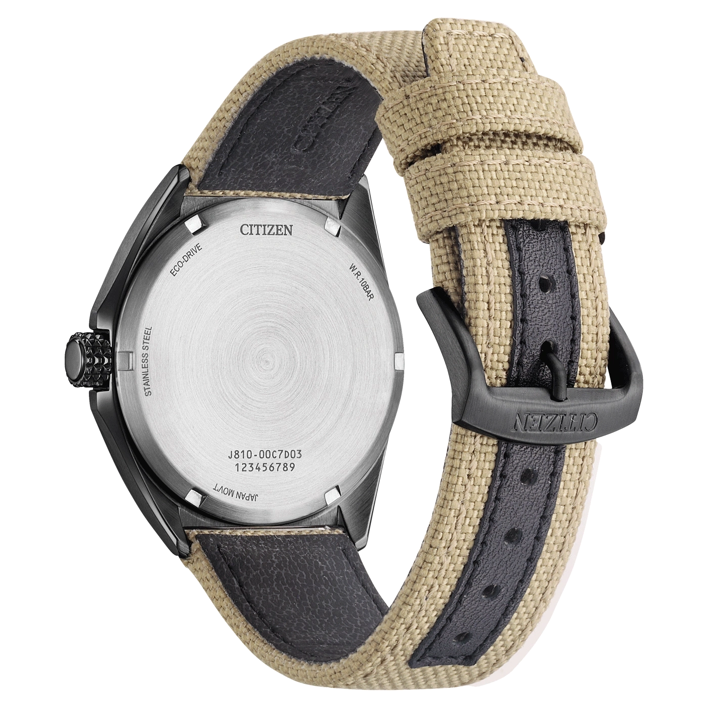 Citizen-kellon takaosa, jossa on yksityiskohtia: Eco-Drive, ruostumaton teräs, W.R. 10BAR, Japan Movt.