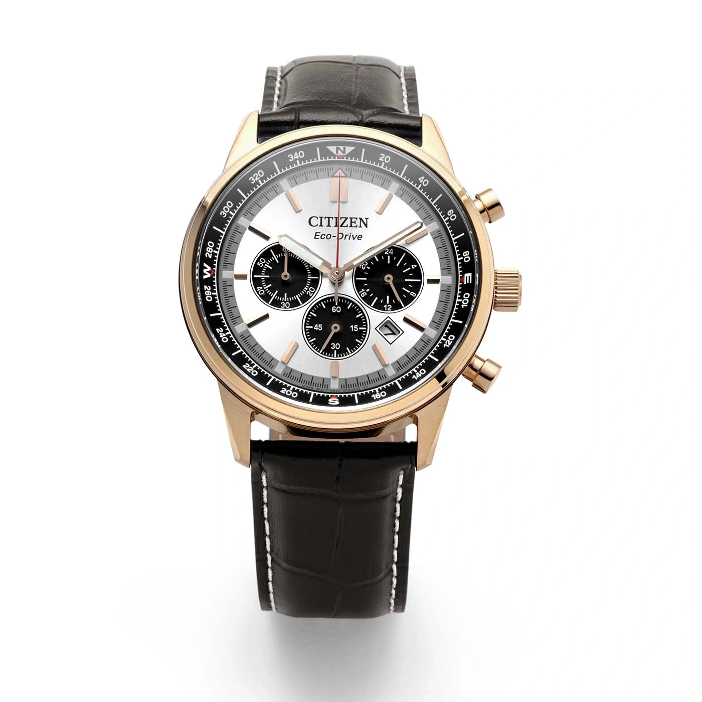 Ruusukultainen Citizen Eco-Drive-kello, jossa valkoinen kellotaulu ja musta nahkaranneke.
