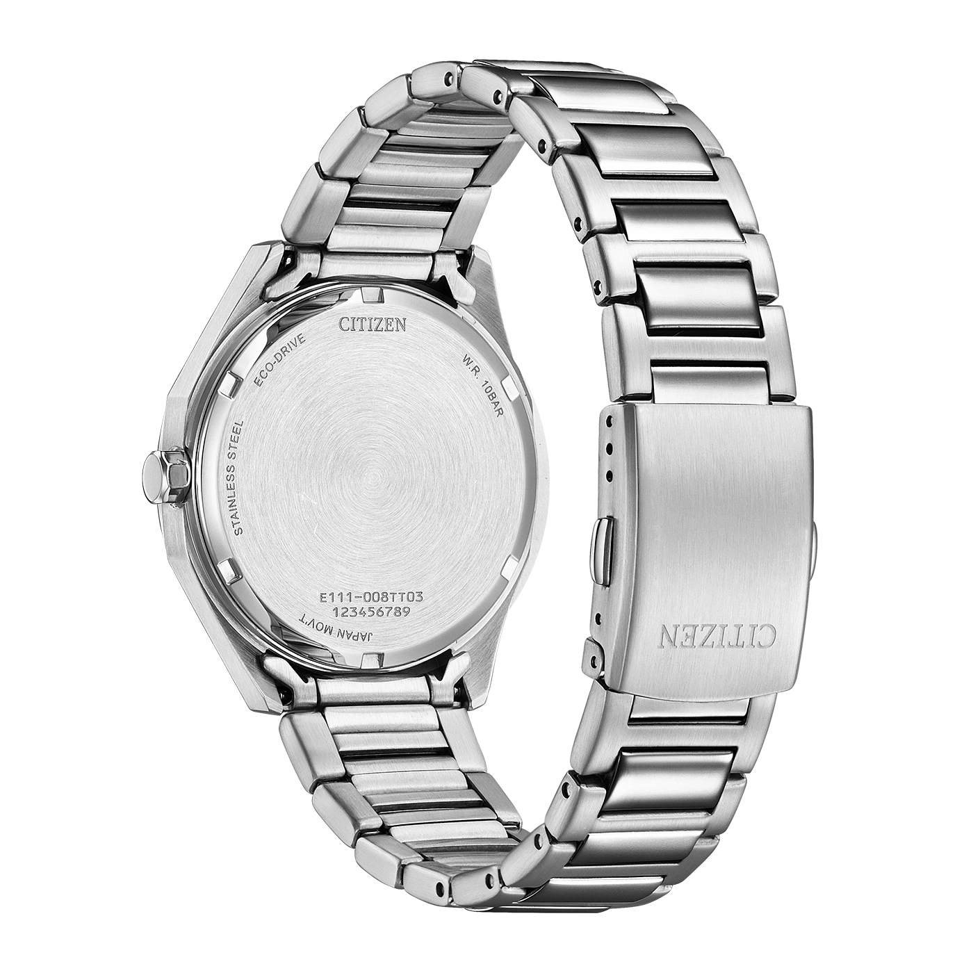 Ruostumattomasta teräksestä valmistetun Citizen Eco-Drive -kellon takaosa, mallinumero E111-008TT03.