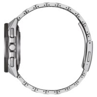 Hopeinen rannekello, jossa on metallinen ranneke ja pyöreä kellotaulu sivusta katsottuna.