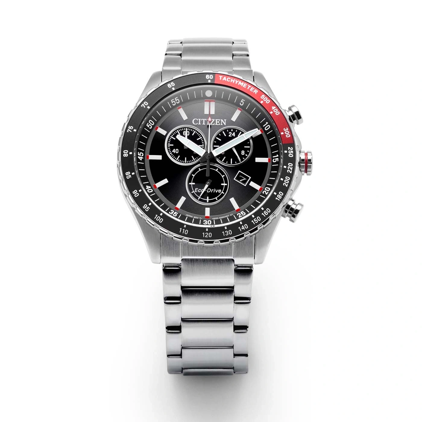 Citizen Eco-Drive kronografikello mustalla kellotaululla ja takymetrikehyksellä.