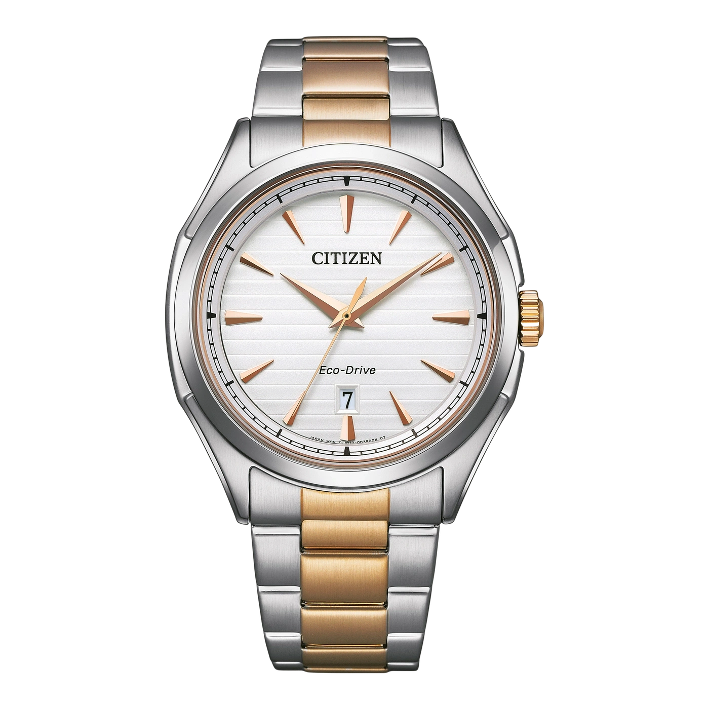 Citizen Eco-Drive -kello hopea- ja kultarannekkeella, valkoinen kellotaulu ja päivämääränäyttö.