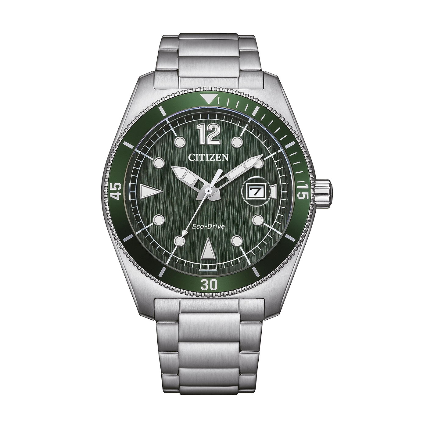 Vihreä Citizen Eco-Drive -kello metallirannekkeella.