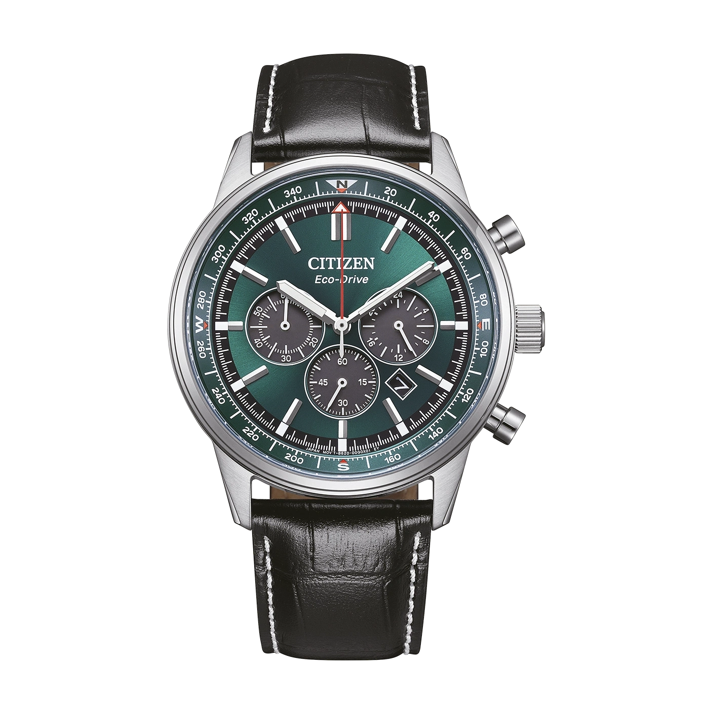 Vihreä Citizen Eco-Drive kronografikello mustalla nahkarannekkeella.
