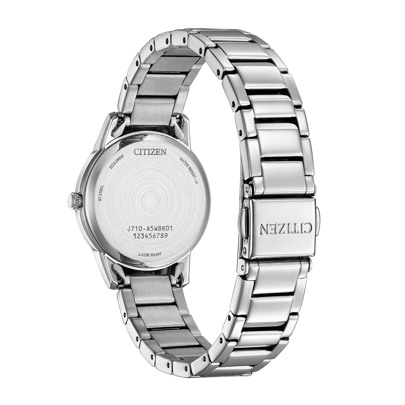 Citizen-kellon takaosa, ruostumaton teräs, Eco-Drive, vesitiivis, Japanin koneisto.