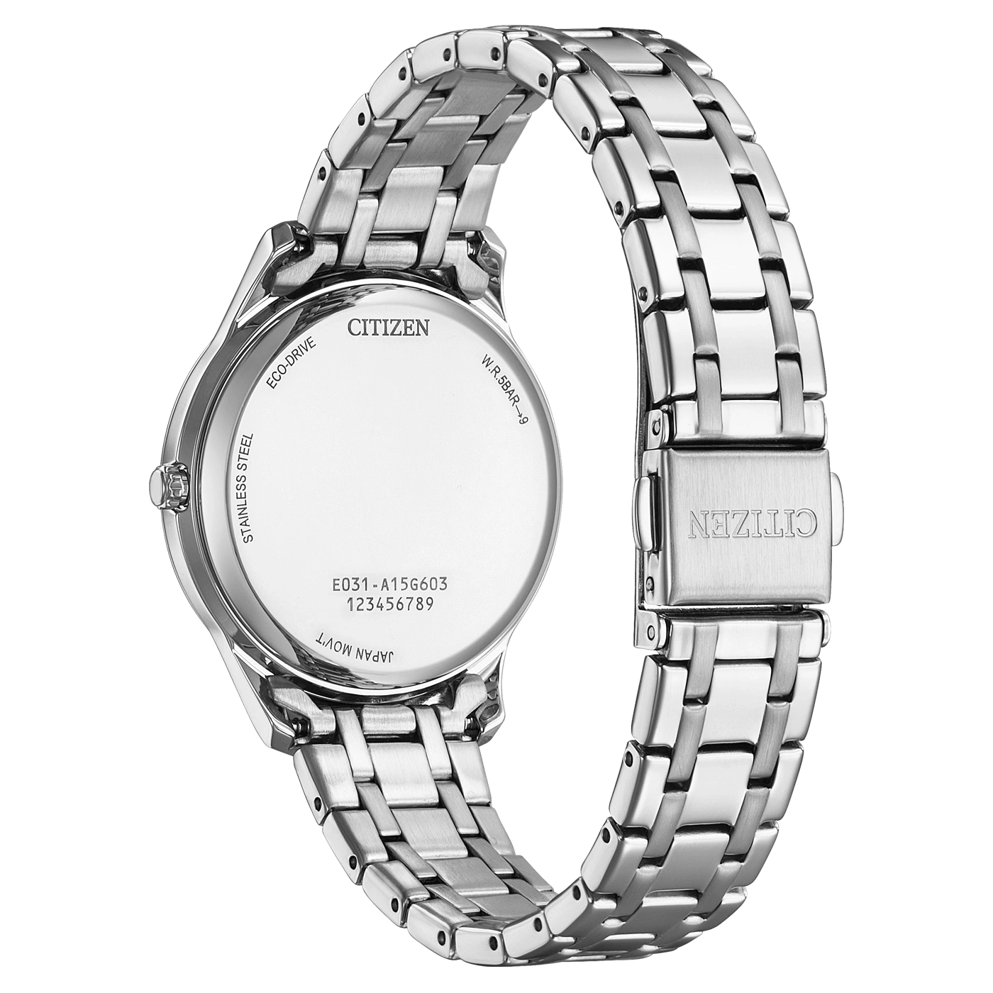 Citizen-kellon takaosa, ruostumaton teräs, Eco-Drive, Japan Mov't, W.R.5BAR-9, mallinumero.