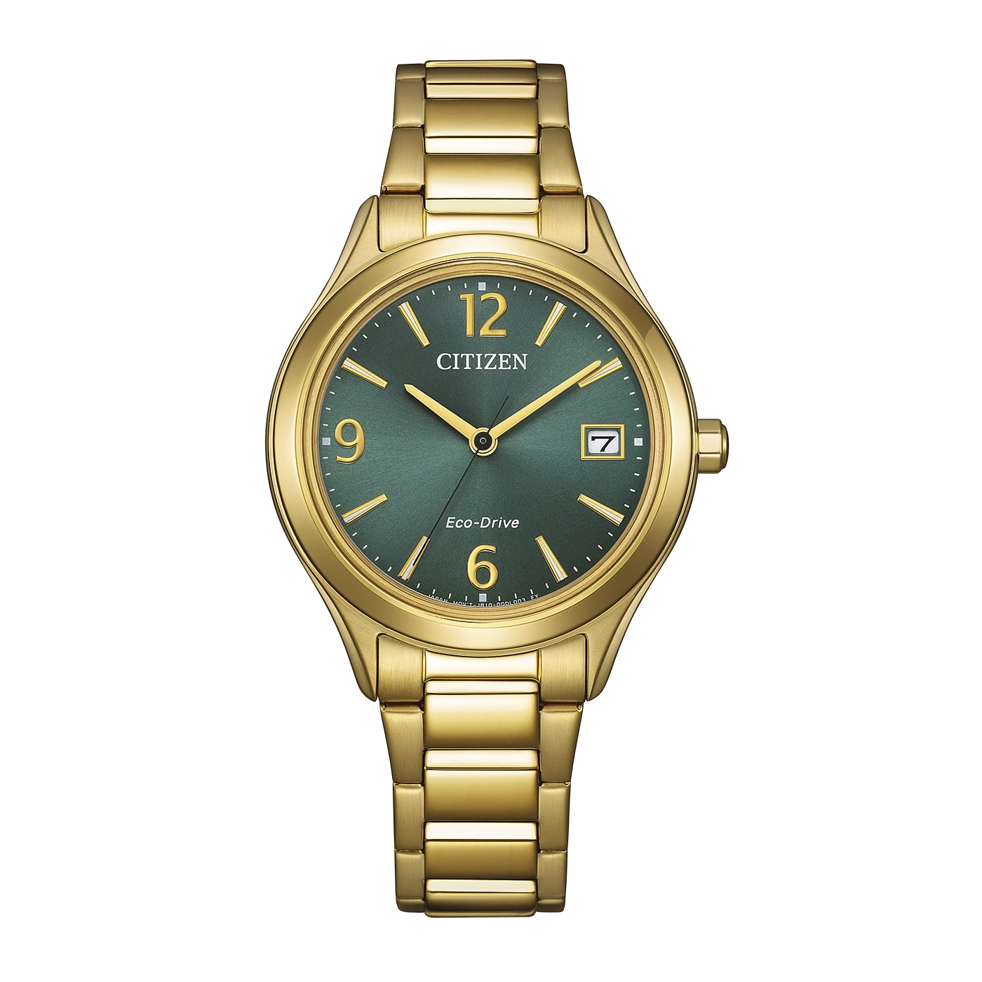 Kultainen Citizen Eco-Drive -kello, jossa on vihreä kellotaulu ja päivämääräikkuna.