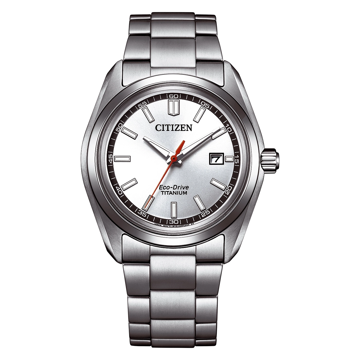 Hopeinen Citizen Eco-Drive Titanium -kello, jossa valkoinen kellotaulu.
