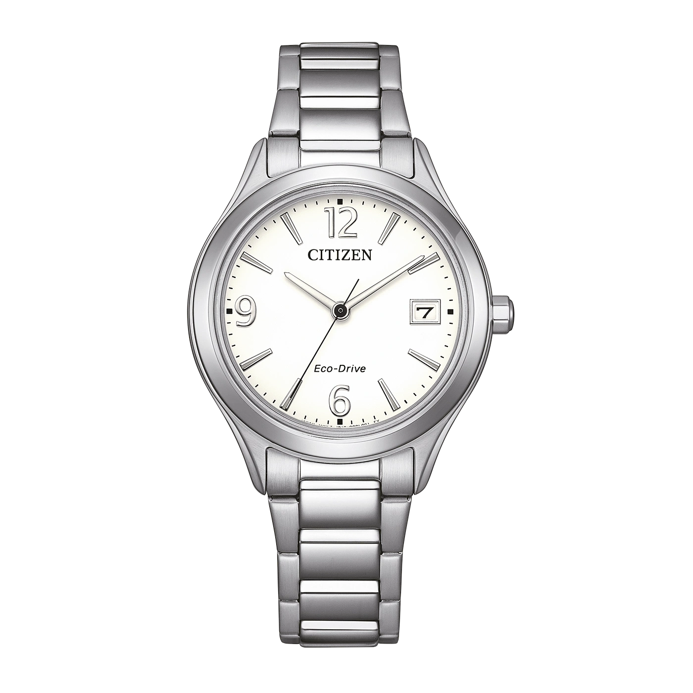 Citizen Eco-Drive -rannekello, jossa valkoinen kellotaulu ja hopeanvärinen ranneke.