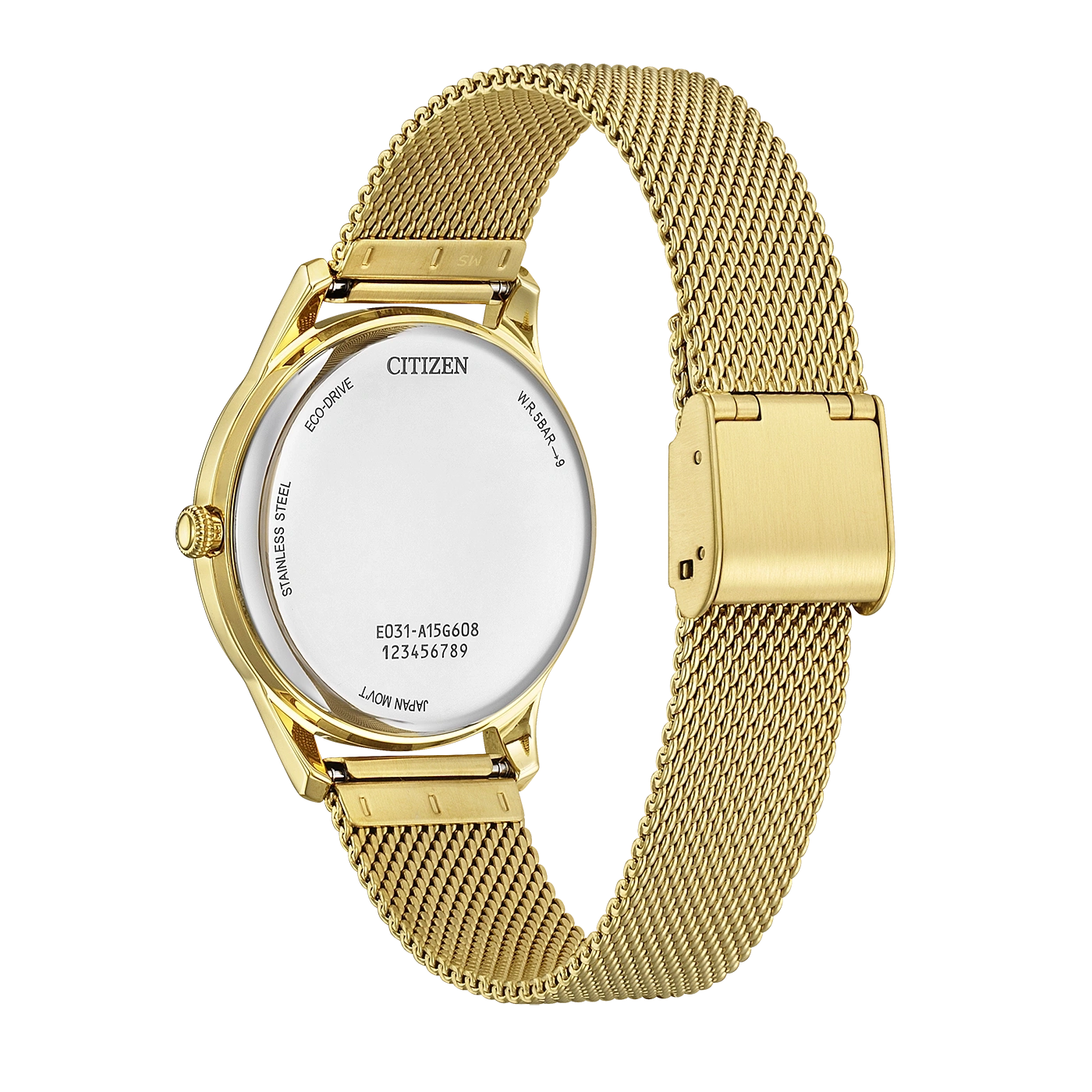 Kultainen Citizen Eco-Drive rannekello verkkorannekkeella, takapuoli näkyvissä.