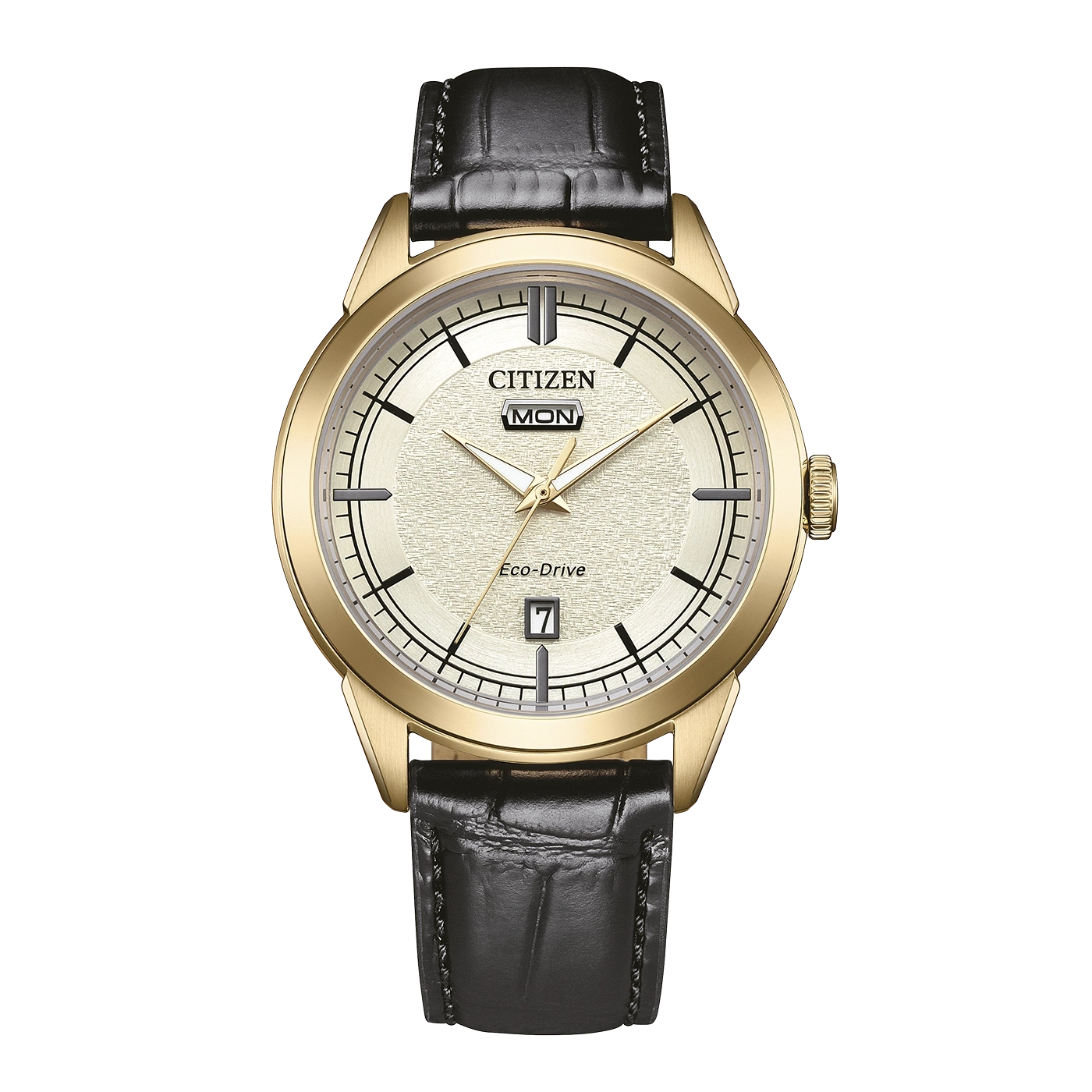 Kultainen Citizen Eco-Drive kello mustalla nahkarannekkeella.