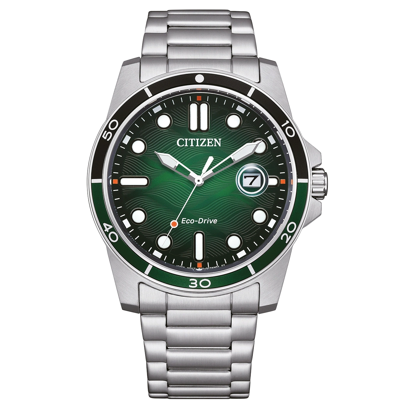 Citizen-kello vihreällä kellotaululla ja hopeisella rannekkeella, Eco-Drive-tekniikka.