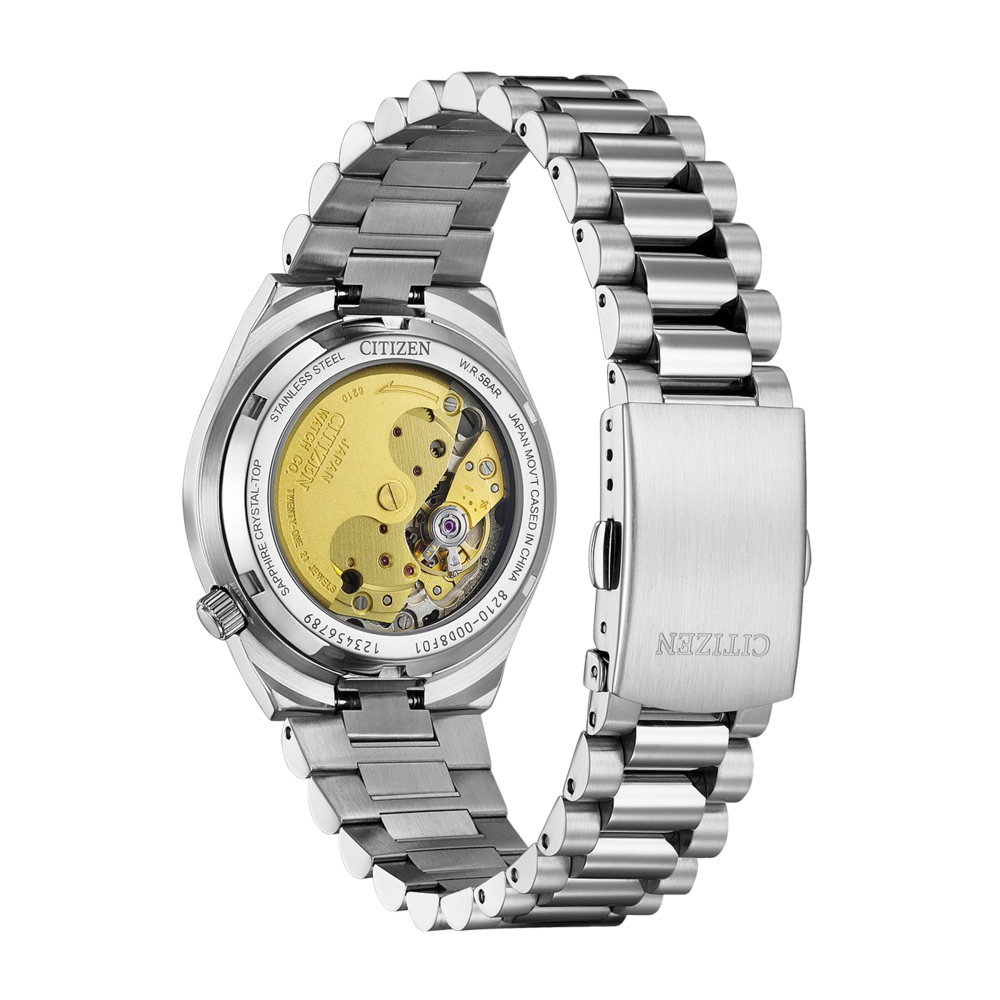 Citizen-kellon takaosa, näkyvä mekanismi, ruostumaton teräs, ranneke, Japan.