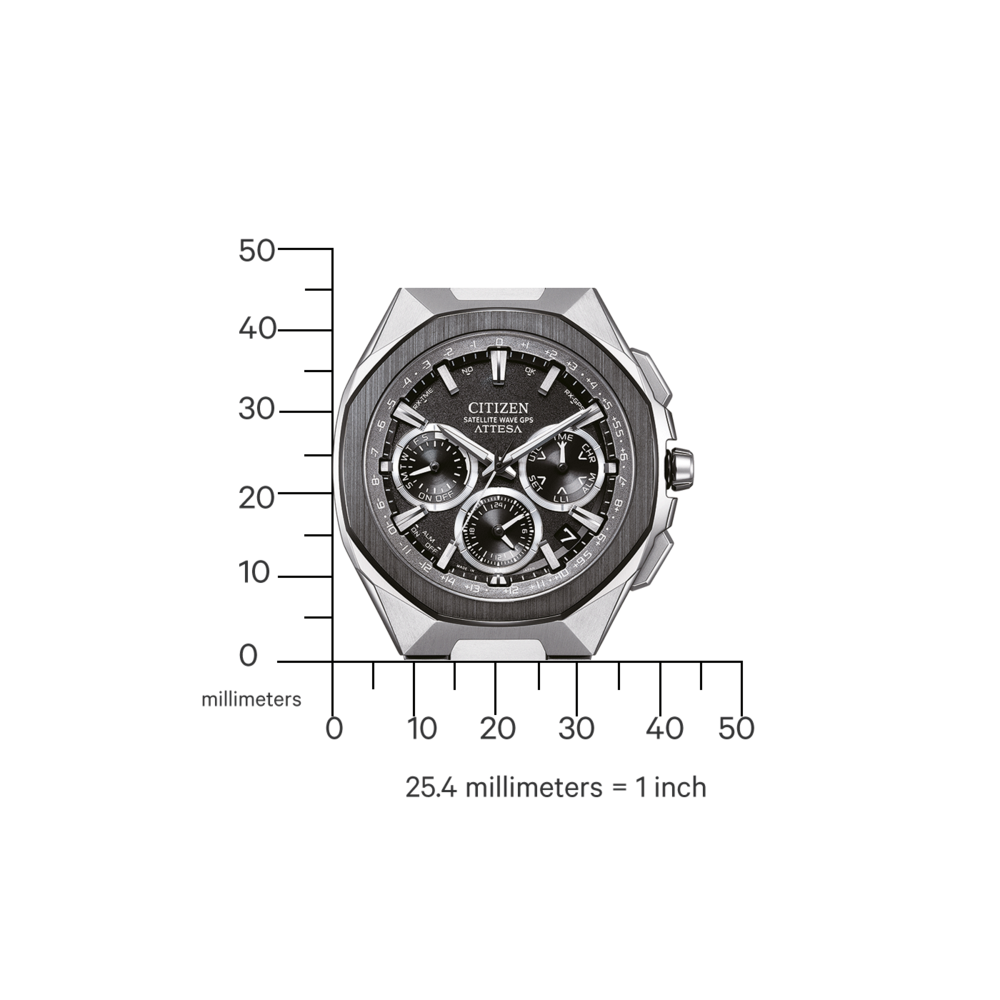 Citizen Attesa -kello mittakaavalla, joka näyttää millimetrit ja tuumat koon vertailua varten.