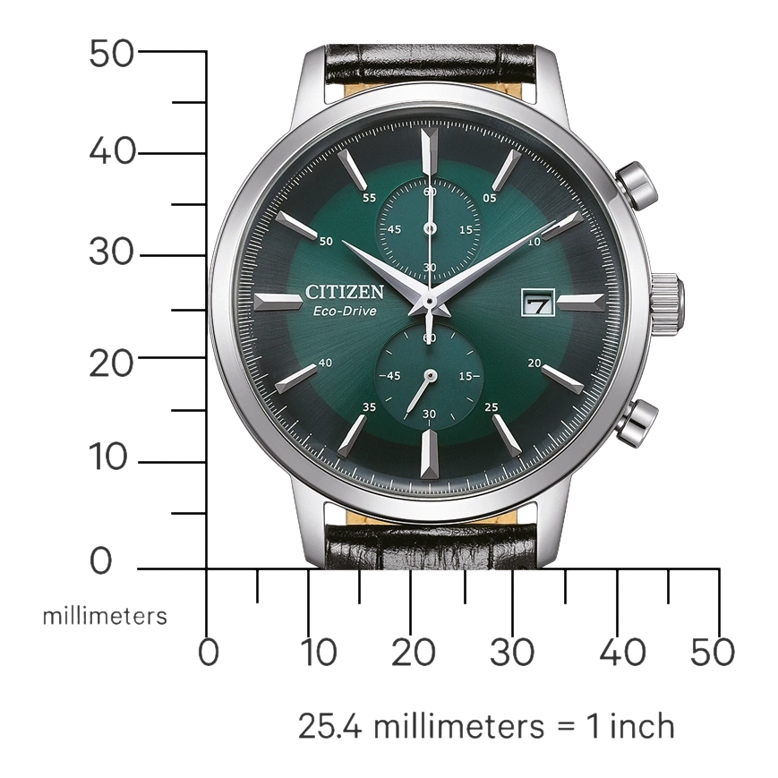 Citizen Eco-Drive -kello, jossa vihreä kellotaulu ja musta nahkaranneke, hopeinen kotelo.
