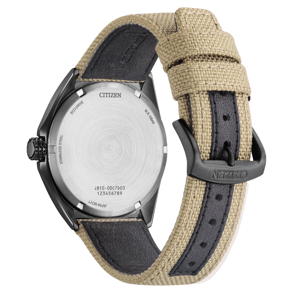 Citizen-kellon takaosa, jossa on yksityiskohtia: Eco-Drive, ruostumaton teräs, W.R. 10BAR, Japan Movt.