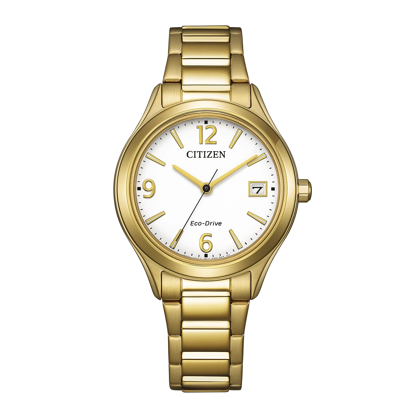 Kultainen Citizen Eco-Drive kello, jossa valkoinen kellotaulu ja päivämääräikkuna.