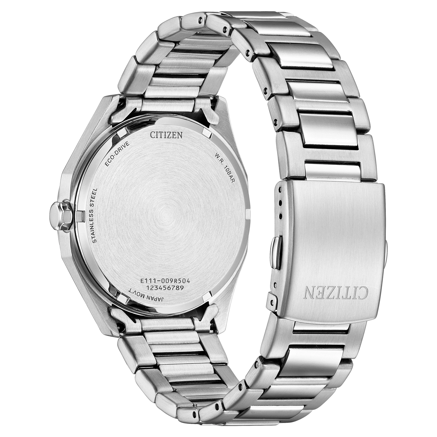 Citizen-kellon takaosa, ruostumaton teräs, Eco-Drive, Japanin liike, W.R. 10BAR