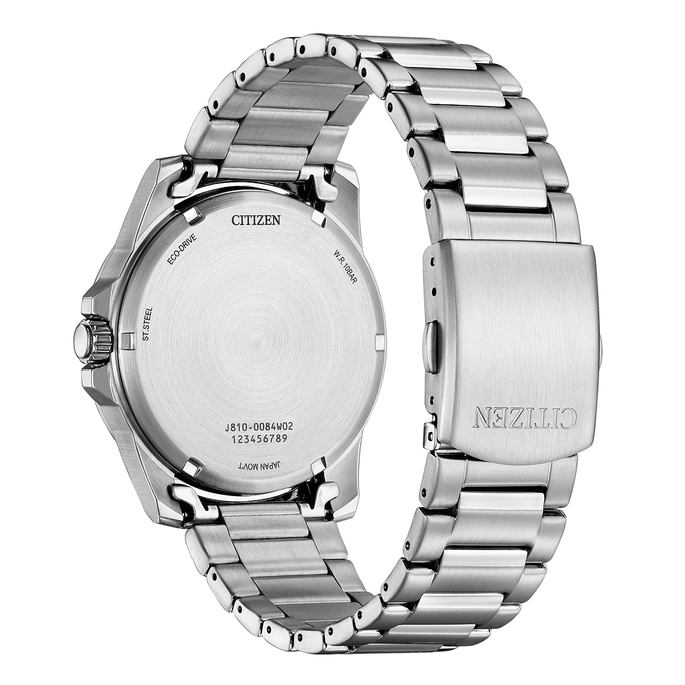 Citizen-kellon takaosa, ruostumaton teräs, Eco-Drive, W.R. 10BAR, Japan Movt.
