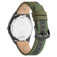 Citizen-kellon takaosa, vihreä ranneke, ruostumaton teräs, eco-drive, W.R. 10BAR, Japan movt.