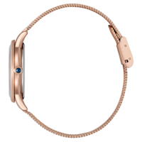 Ruusukultainen rannekello, jossa verkkohihna, sivukuva, tyylikäs muotoilu.