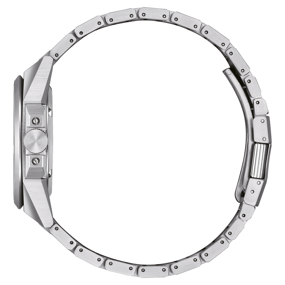 Hopeanvärisen rannekellon sivukuva metallirannekkeella, joka esittelee kellon yksityiskohtia.