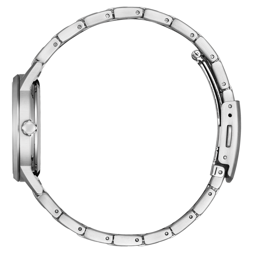 Hopeinen rannekello metallirannekkeella sivusta, tyylikäs muotoilu.