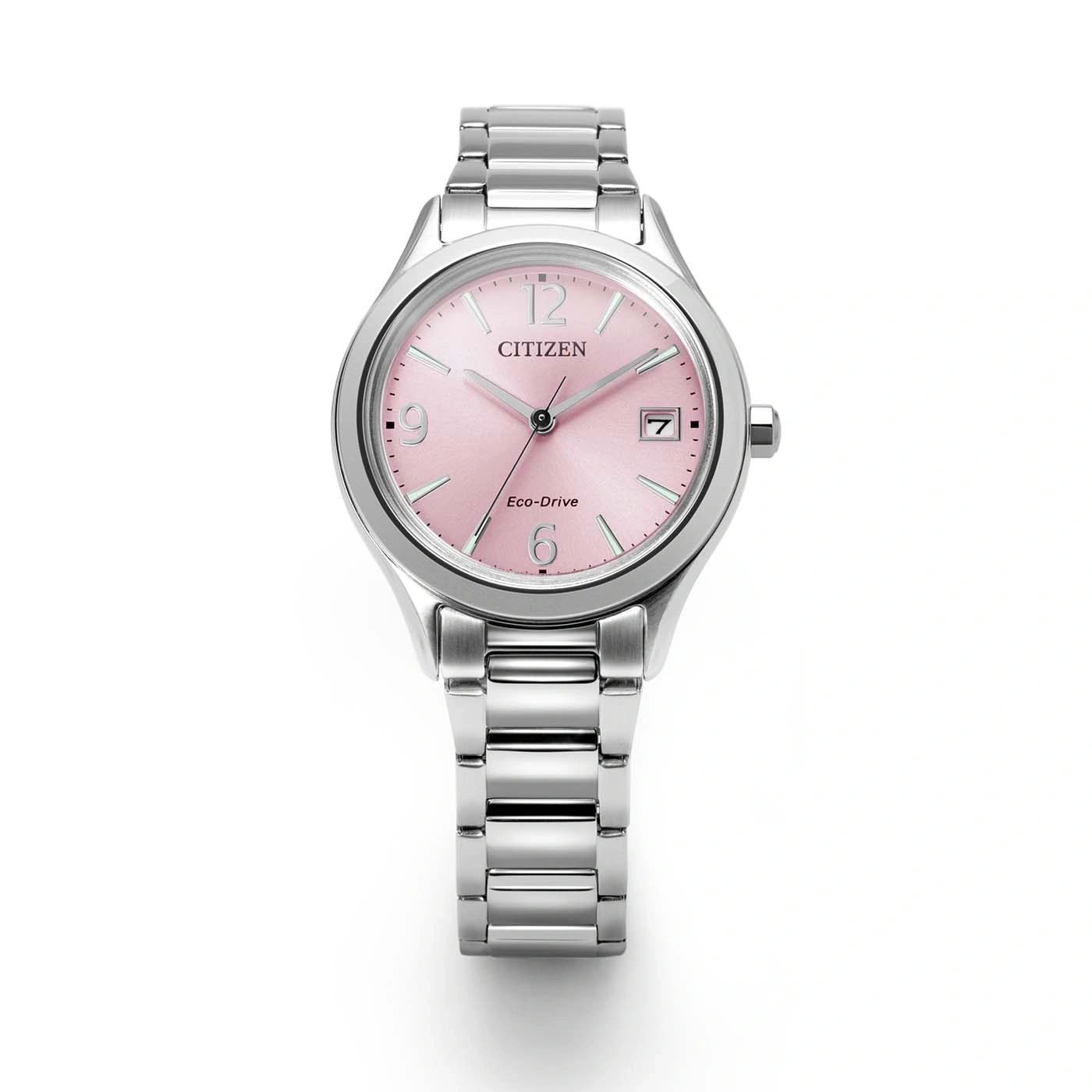 Hopeinen Citizen Eco-Drive -kello vaaleanpunaisella kellotaululla ja hopearannekkeella.