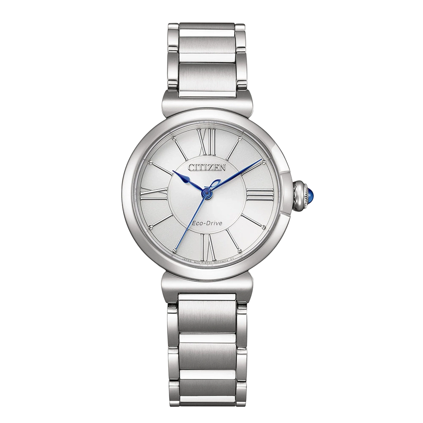 Hopeinen Citizen Eco-Drive -kello roomalaisilla numeroilla ja sinisillä osoittimilla.
