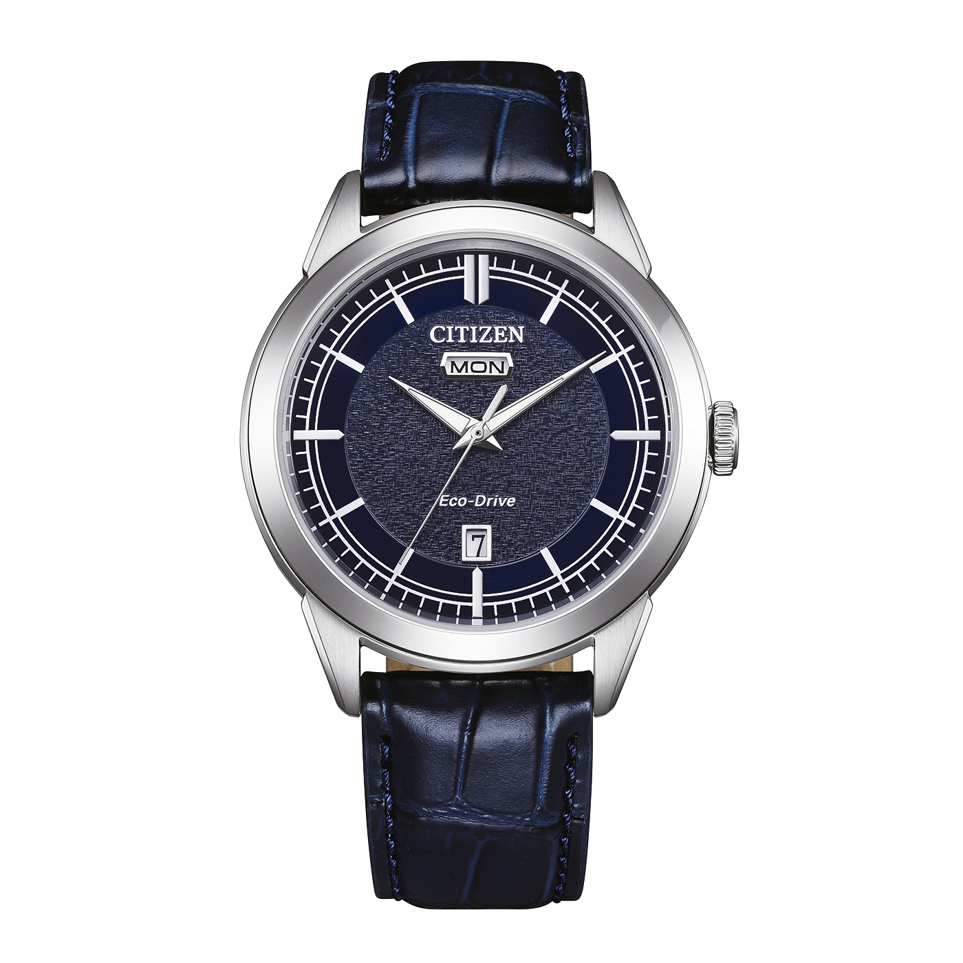 Sininen Citizen Eco-Drive kello nahkarannekkeella.