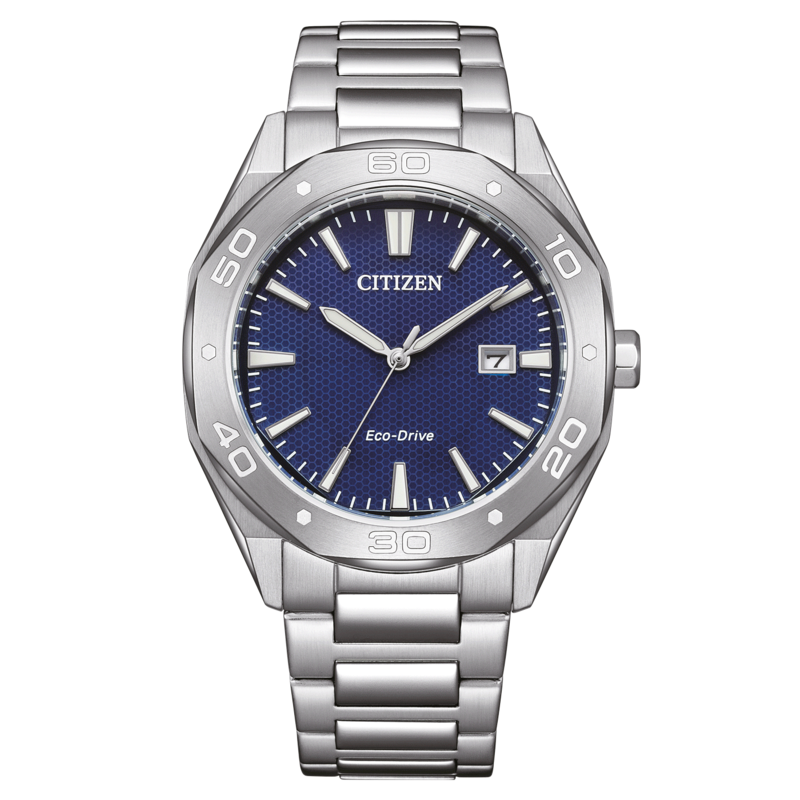 Citizen-kello, jossa sininen kellotaulu ja hopeinen ranneke, Eco-Drive-tekniikka.