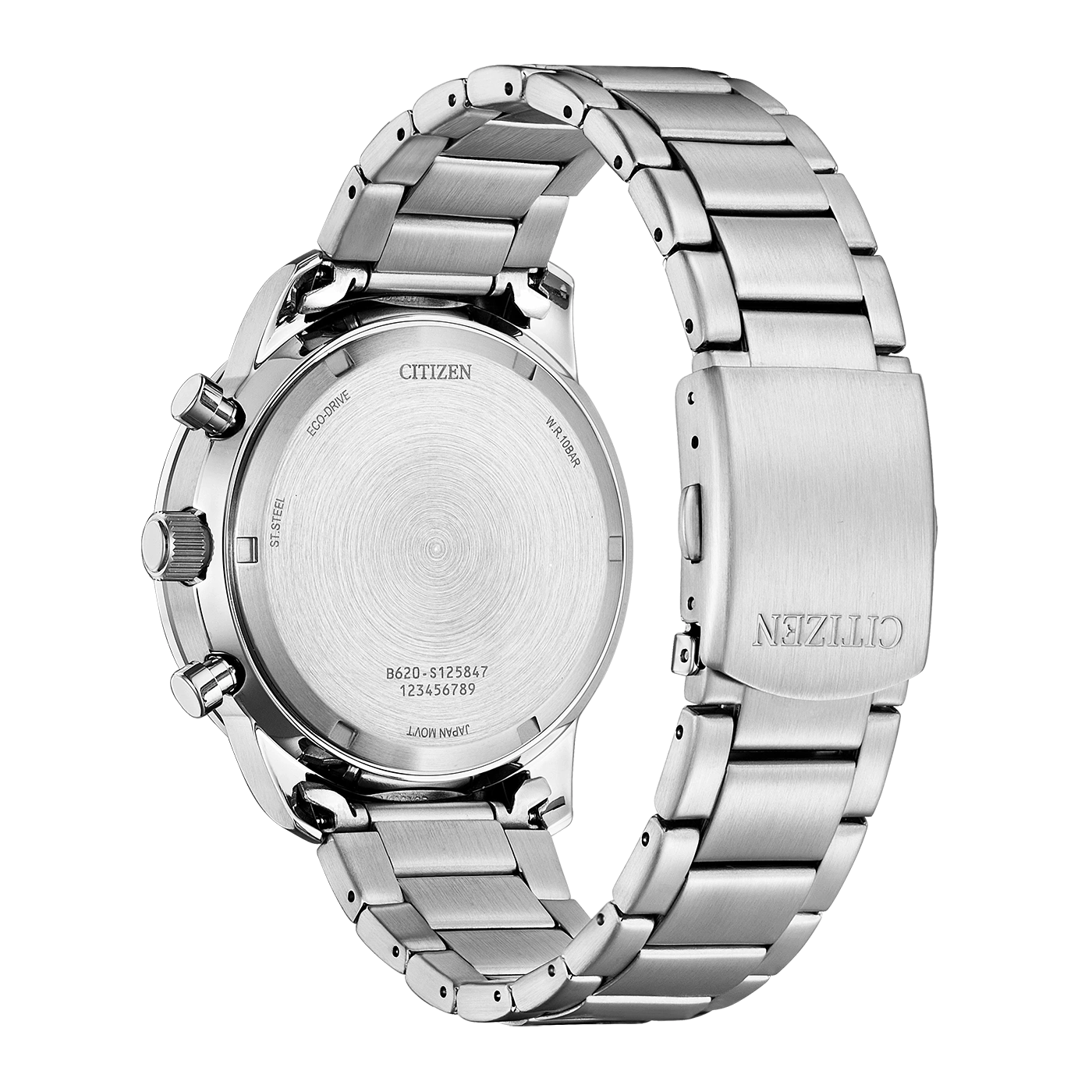 Citizen-kellon takaosa, ruostumaton teräs, Eco-Drive, vesitiivis, Japanin koneisto.