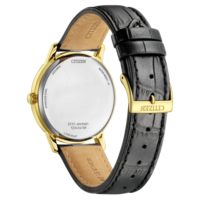 Citizen-kellon takaosa, kultainen kotelo, musta nahkaranneke, vedenkestävä, ruostumaton teräs, eco-drive