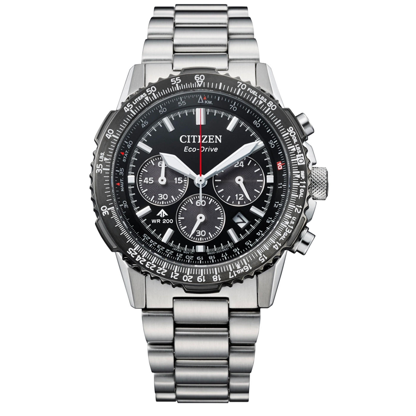Citizen Eco-Drive -kello, jossa musta kellotaulu ja metalliranneke.